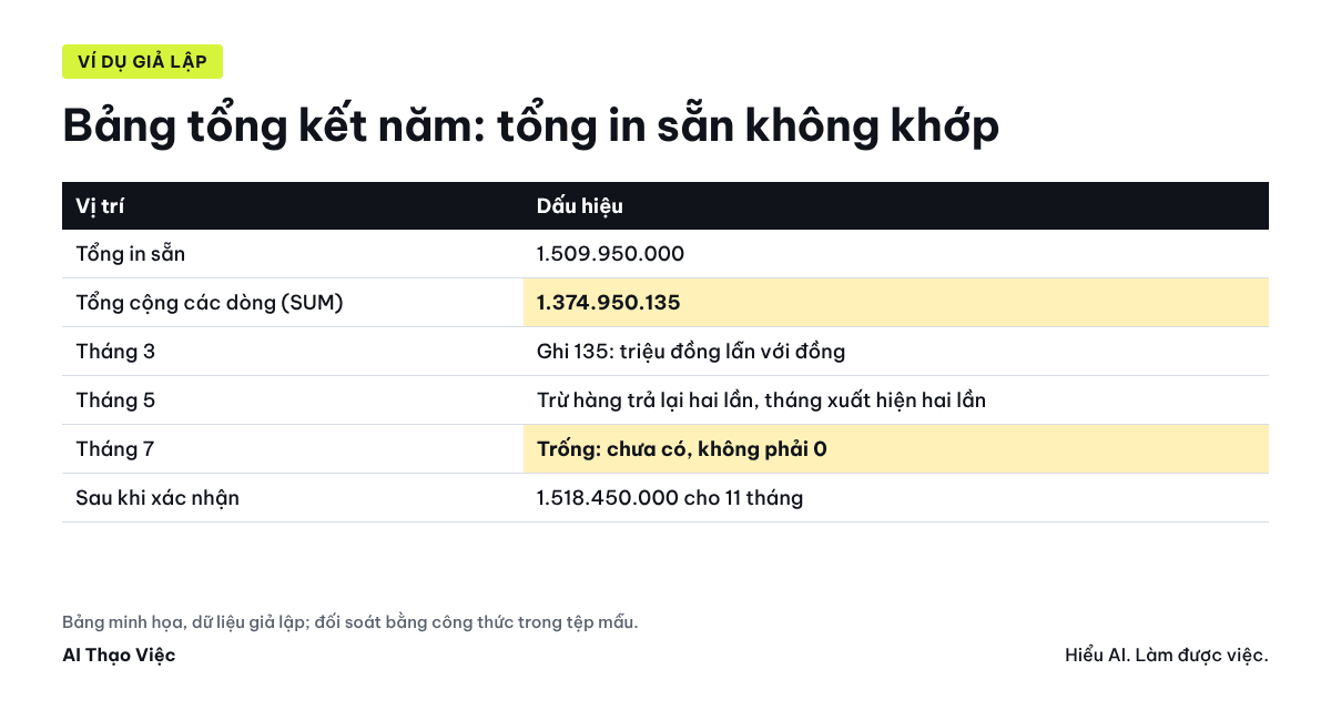 Bảng tổng kết năm giả lập: tổng in sẵn 1.509.950.000, tổng cộng các dòng 1.374.950.135; tháng 3 ghi 135 là triệu đồng, tháng 5 trừ hàng trả lại hai lần, tháng 7 trống, 12 dòng nhưng chỉ 11 tháng