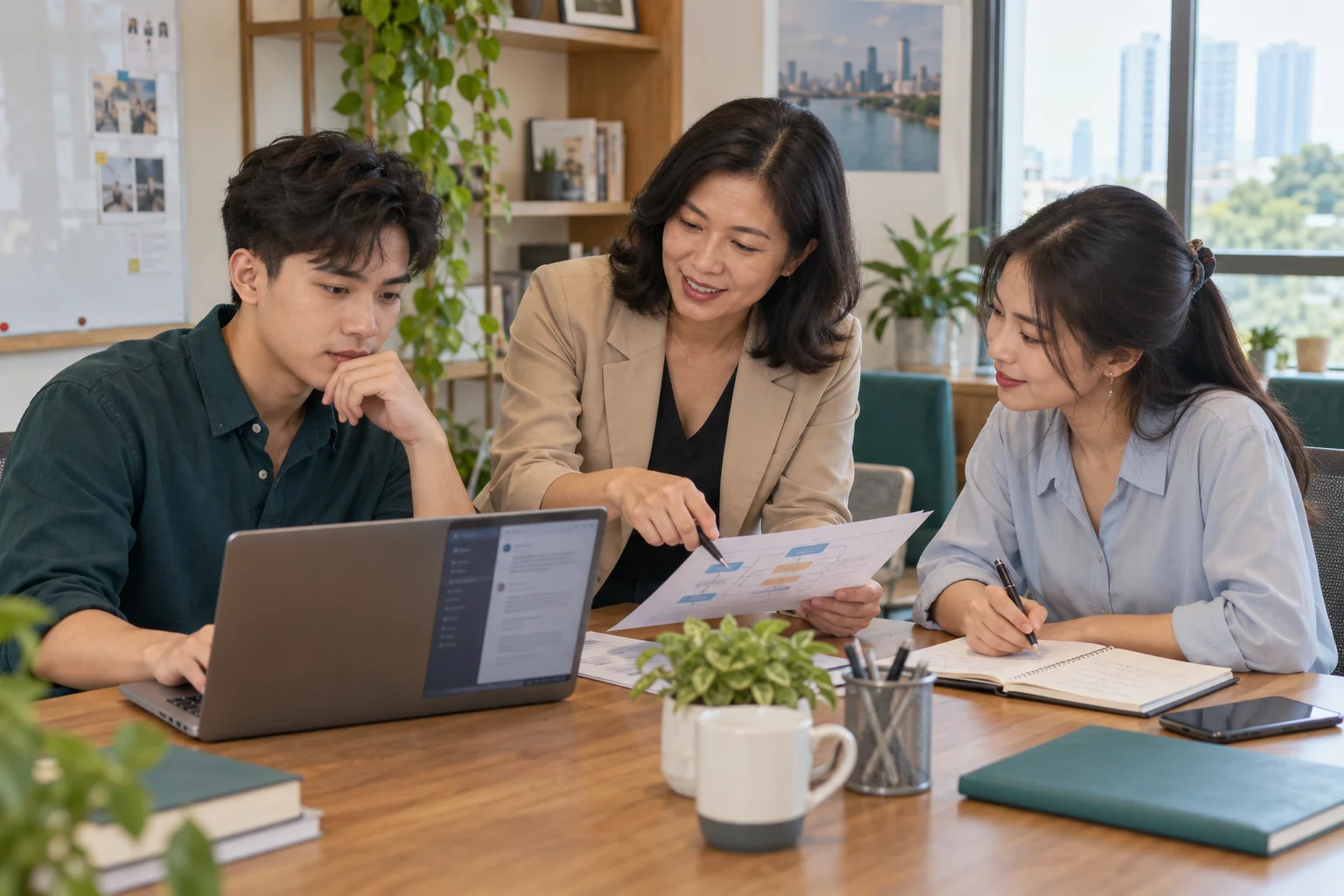 Nhân viên trẻ Việt Nam cùng đồng nghiệp nhiều kinh nghiệm học cách dùng công cụ số và kiểm tra kết quả công việc
