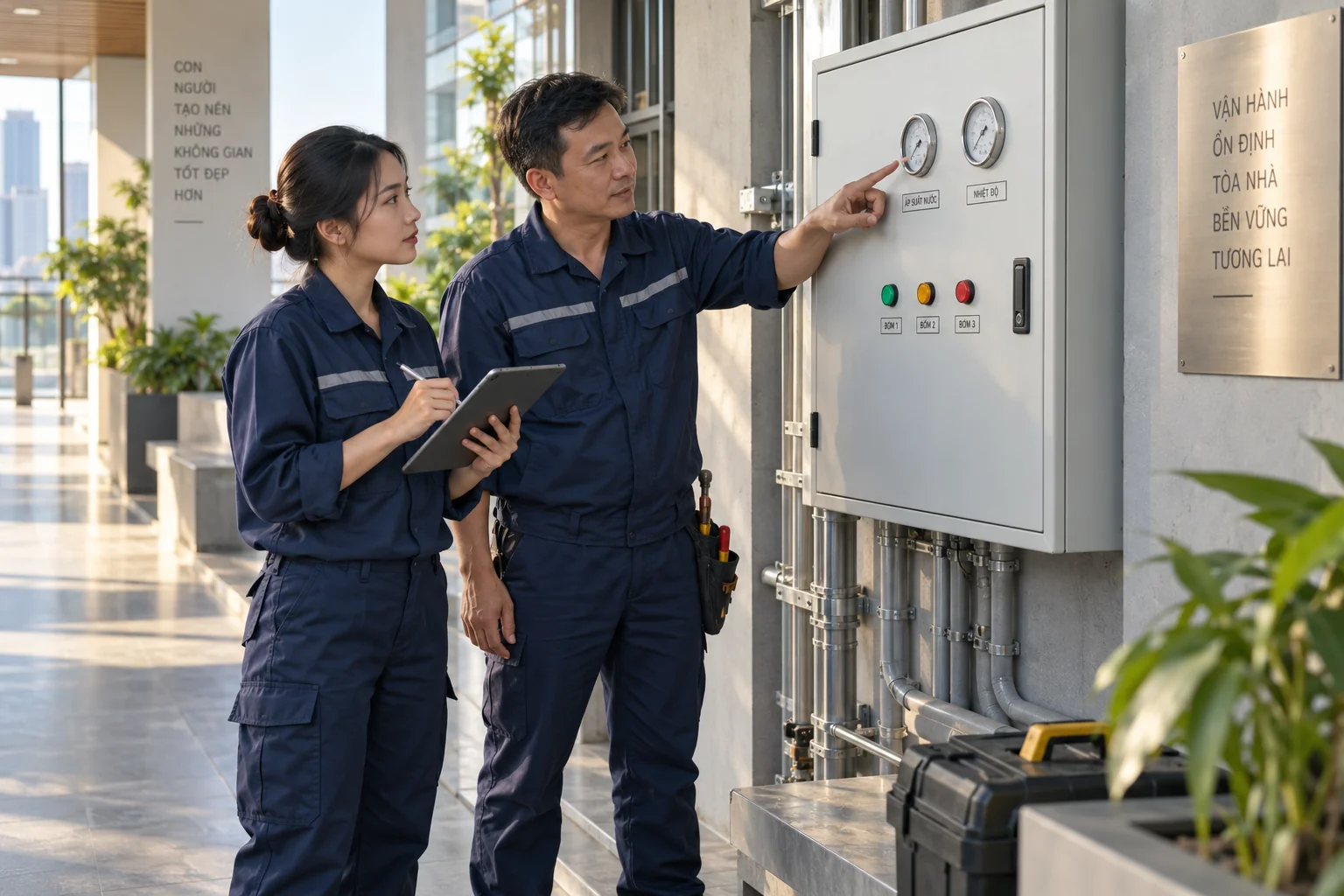Hai kỹ thuật viên Việt Nam kiểm tra thiết bị tại hiện trường và ghi nhận tình trạng bằng máy tính bảng