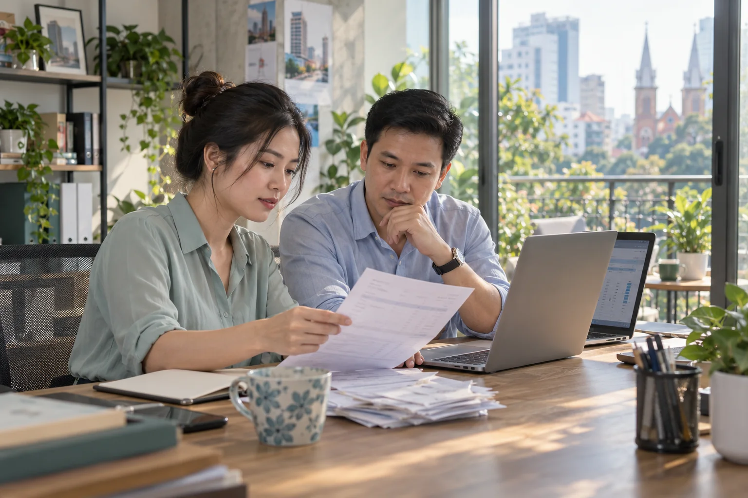 Hai nhân viên văn phòng Việt Nam đối chiếu chứng từ giấy với bảng tính trên máy tính xách tay