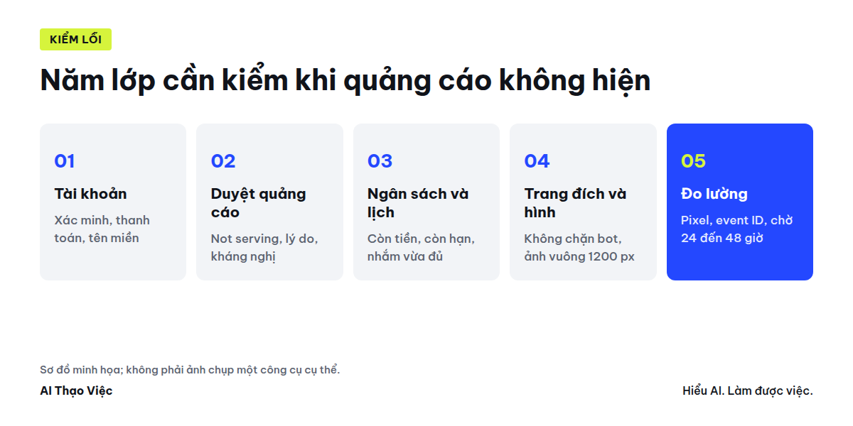 Năm lớp cần kiểm khi quảng cáo ChatGPT không hiện: tài khoản, duyệt, ngân sách và lịch, trang đích và hình, đo lường