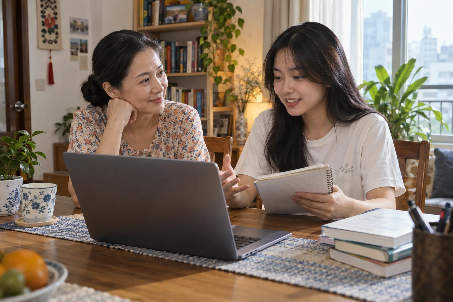 Mẹ và con gái người Việt cùng trao đổi kế hoạch học tại bàn có laptop và vở ghi.