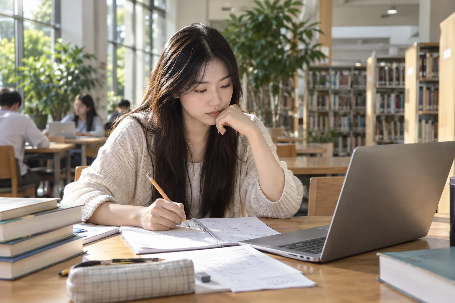 Nữ sinh viên Việt Nam tập trung suy nghĩ và ghi bài bên laptop tại thư viện.