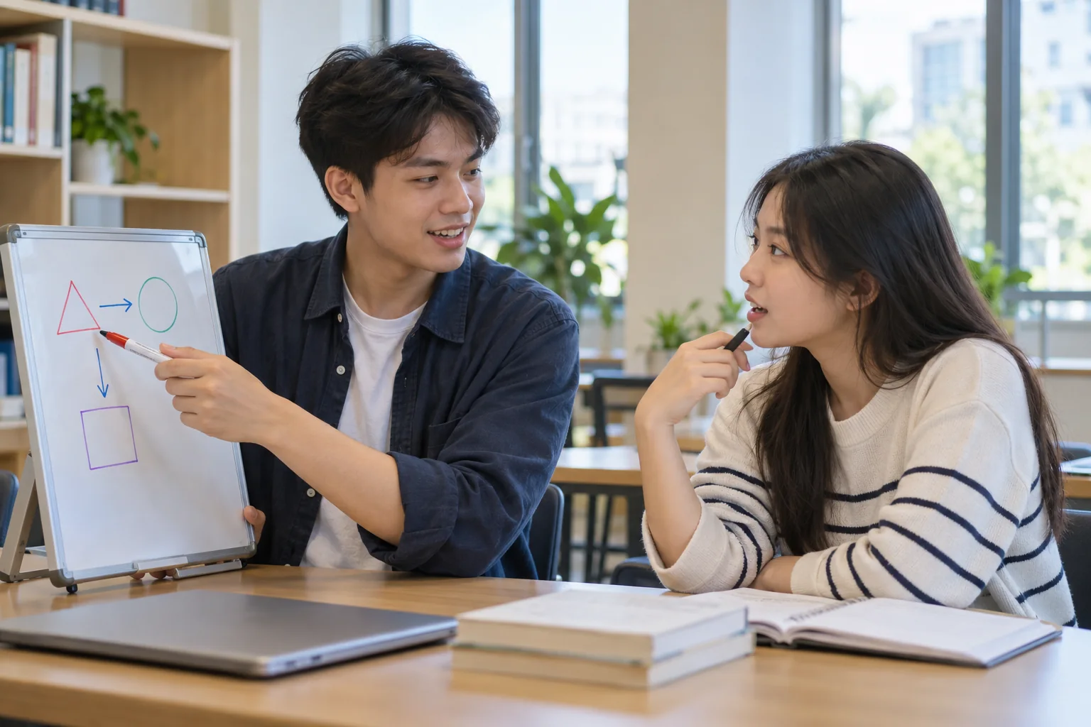 Hai sinh viên Việt Nam trao đổi trước bảng nhỏ, laptop đã đóng trên bàn.