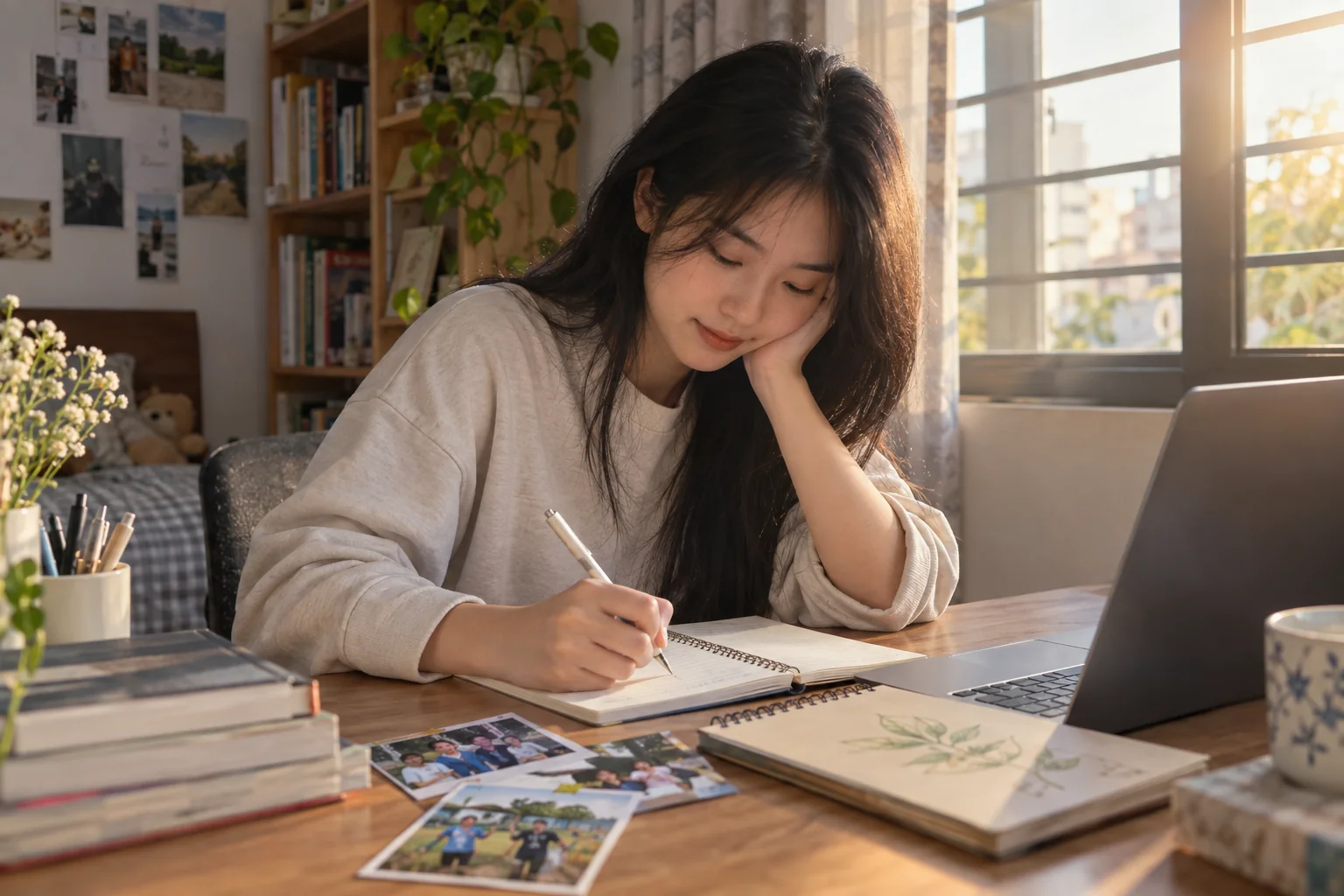 Nữ sinh người Việt viết bản nháp bài luận bên những ảnh ghi lại trải nghiệm cá nhân.