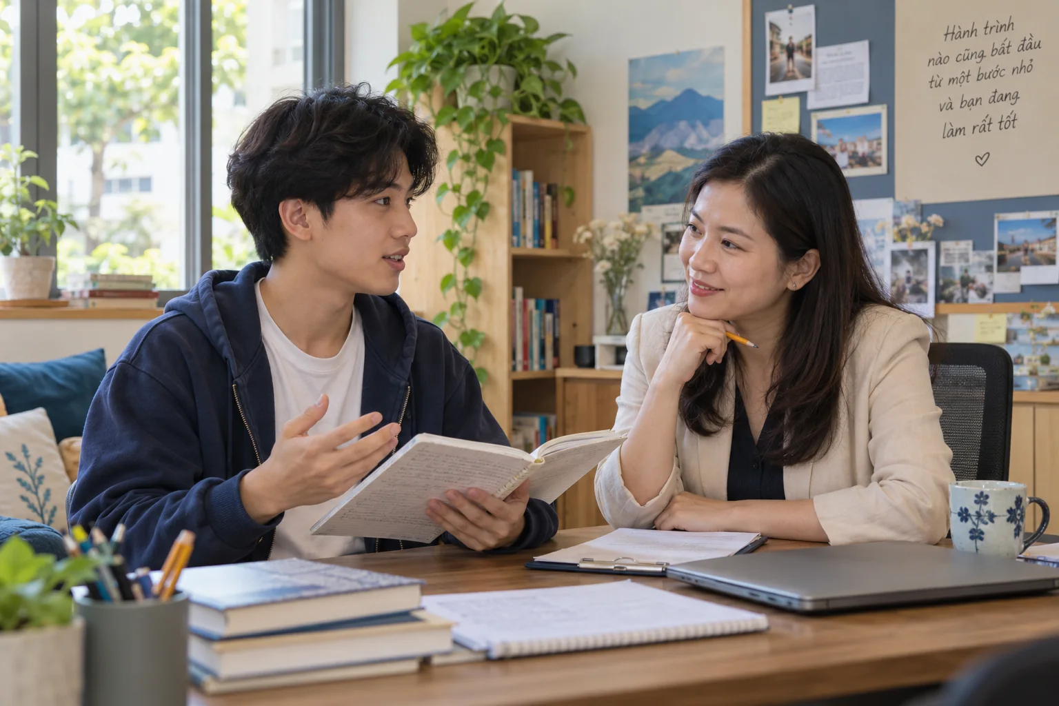 Giáo viên hướng nghiệp người Việt lắng nghe nam sinh giải thích bản nháp bài luận.