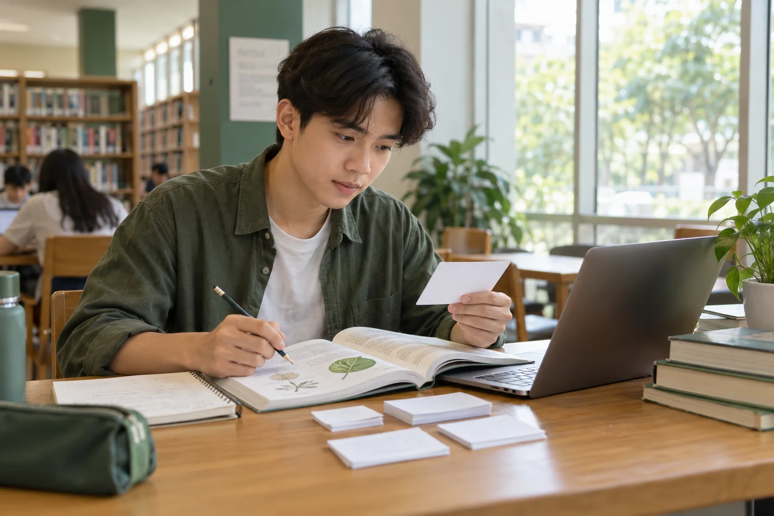 Nam sinh viên Việt Nam đối chiếu thẻ câu hỏi với học liệu Sinh học trên bàn học.
