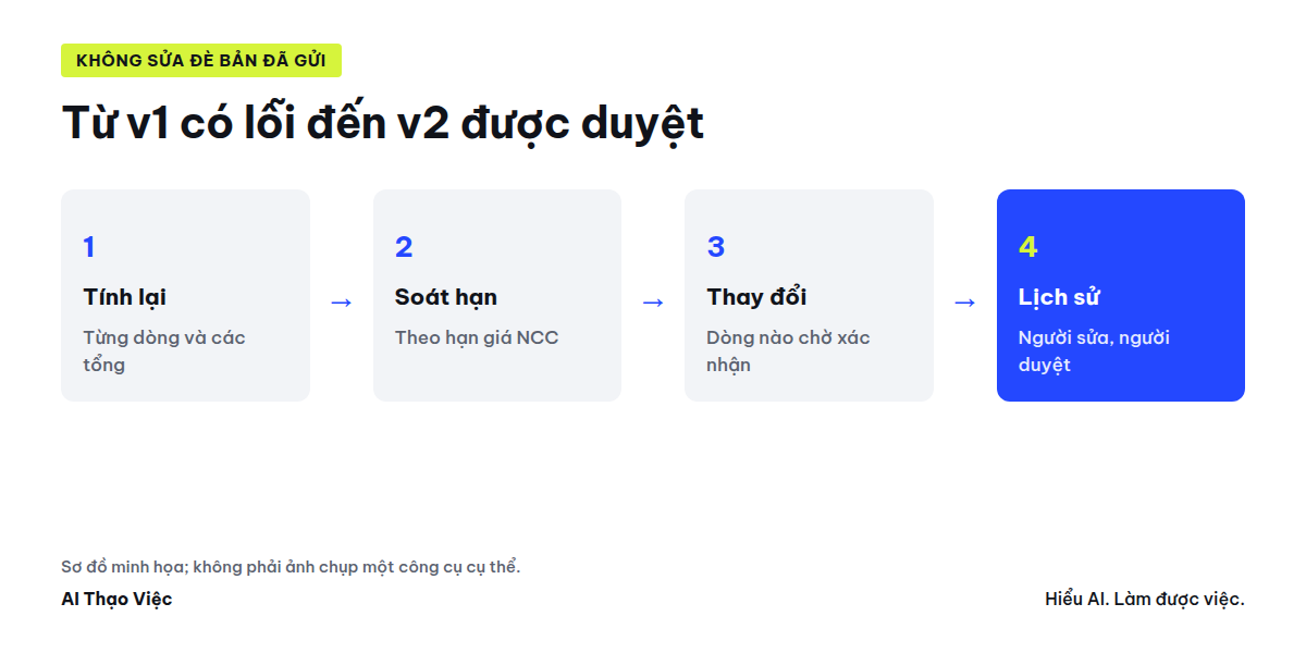 Báo giá v1 qua kiểm số học và hạn, danh sách thay đổi, lịch sử phiên bản, tin nhắn khách