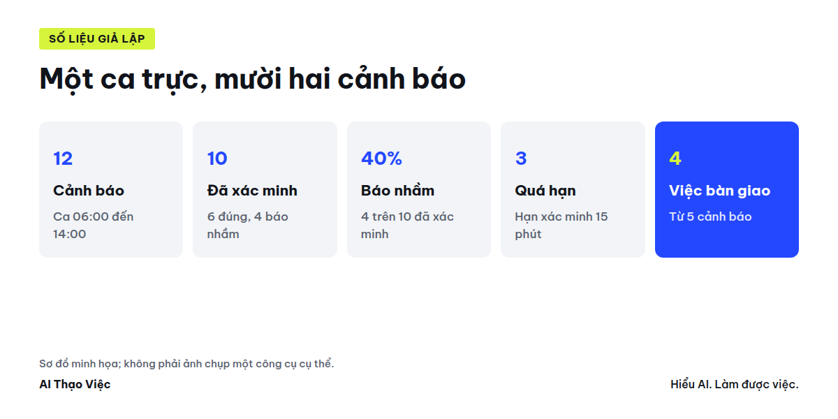 Mười hai cảnh báo một ca trực: mười đã xác minh, bốn báo nhầm, ba quá hạn, bốn việc bàn giao