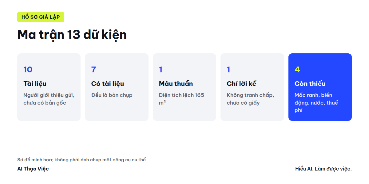Mười tài liệu được xếp vào ma trận 13 dữ kiện theo bốn trạng thái