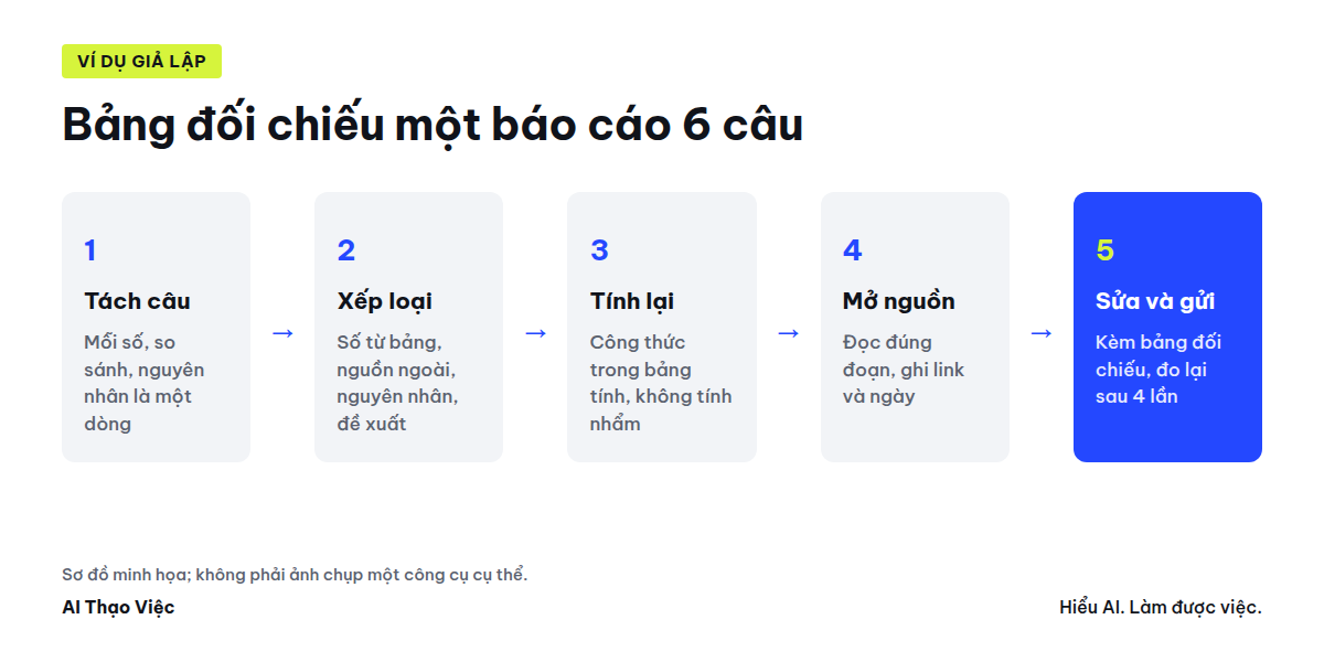 Bảng đối chiếu bốn cột: câu khẳng định, nguồn, kết quả kiểm, xử lý