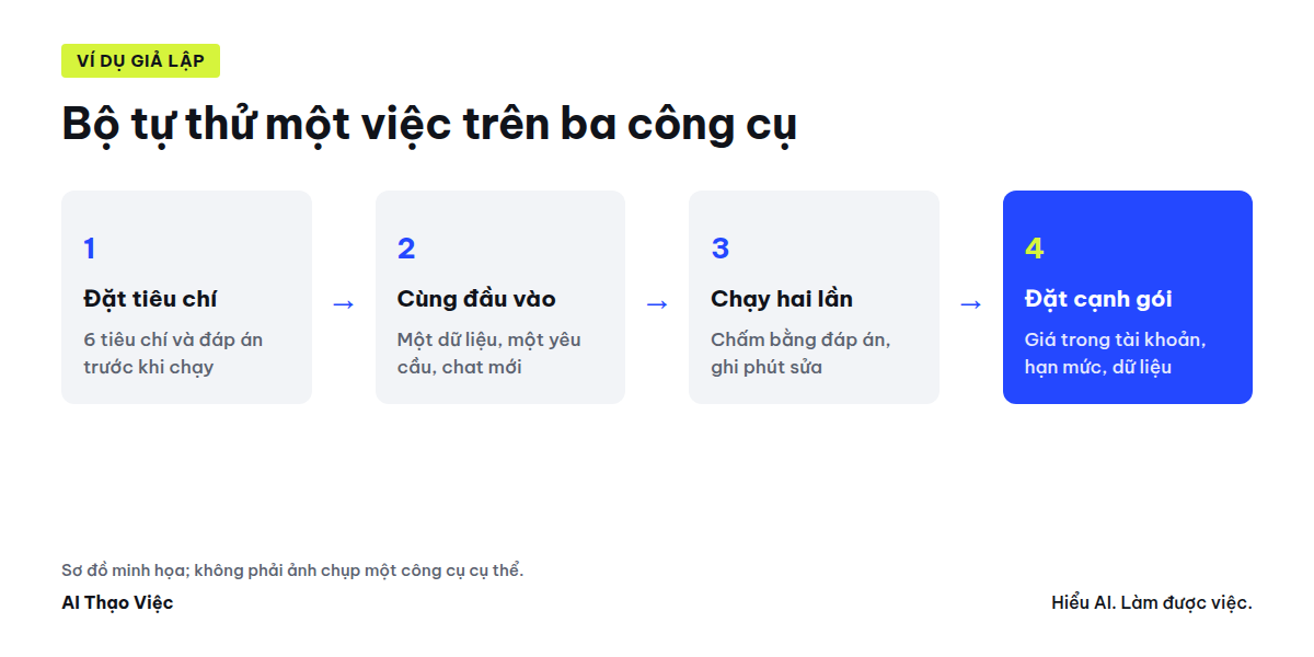 Bộ tự thử một việc trên ba công cụ: cùng dữ liệu, cùng yêu cầu, tiêu chí đặt trước, chấm bằng đáp án