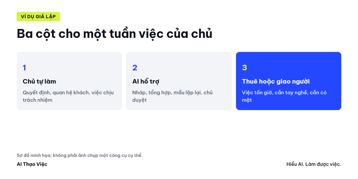Ba cột cho một tuần việc của chủ: tự làm, AI hỗ trợ, thuê hoặc giao người