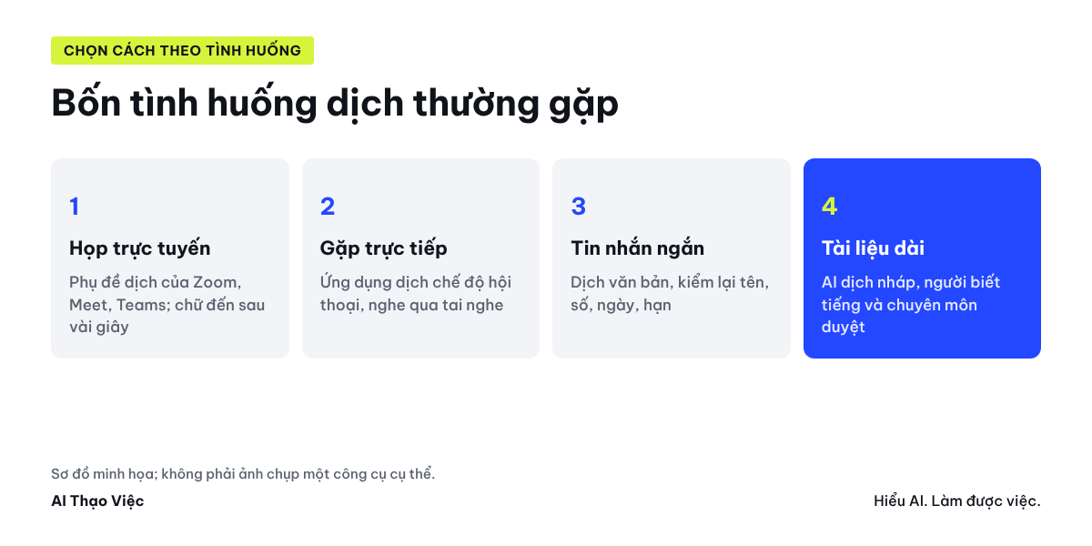 Bốn tình huống dịch thường gặp: họp trực tuyến, gặp trực tiếp, tin nhắn ngắn, tài liệu dài
