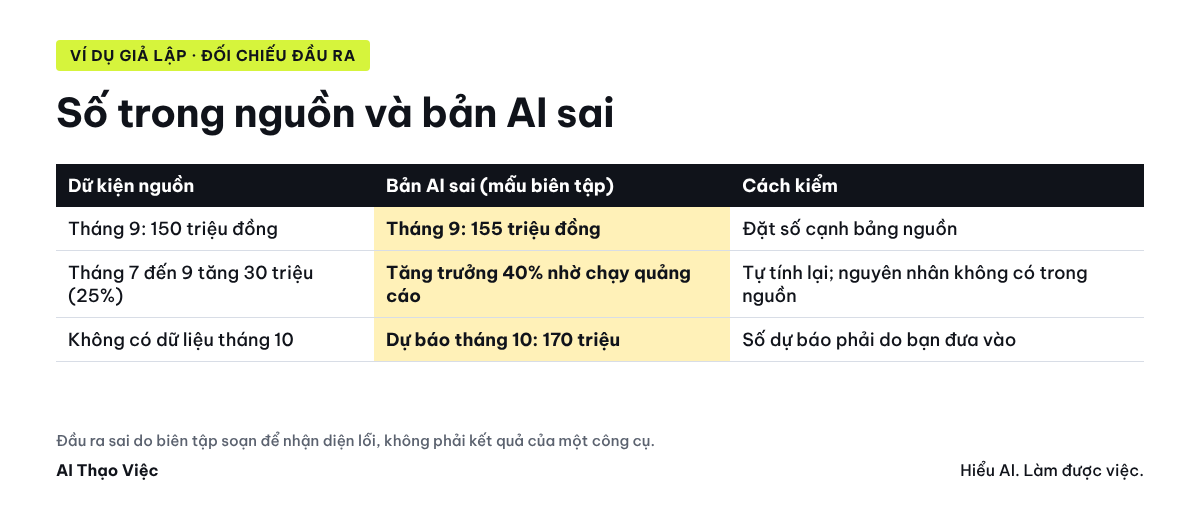 Số trong nguồn, bản AI sai và cách kiểm: tháng 9 là 150 chứ không phải 155; không có dữ liệu tháng 10