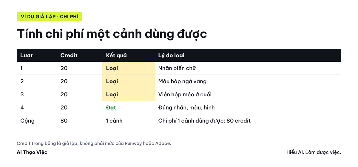 Bốn lượt tạo giả lập, mỗi lượt 20 credit, một cảnh đạt: chi phí một cảnh dùng được là 80 credit