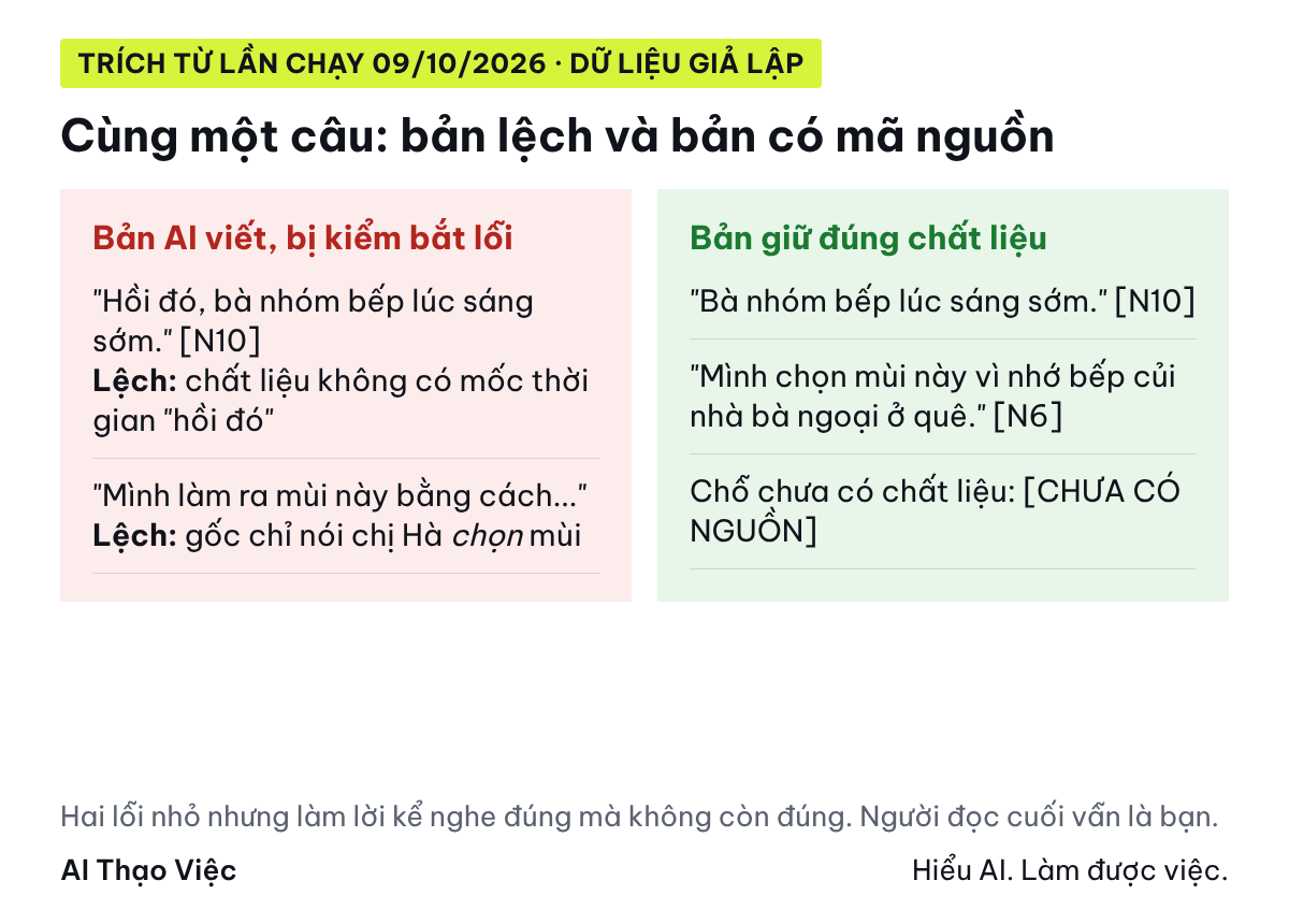 Cùng một câu: bản sai thêm chi tiết, bản đúng chỉ giữ điều chất liệu ghi, kèm mã nguồn