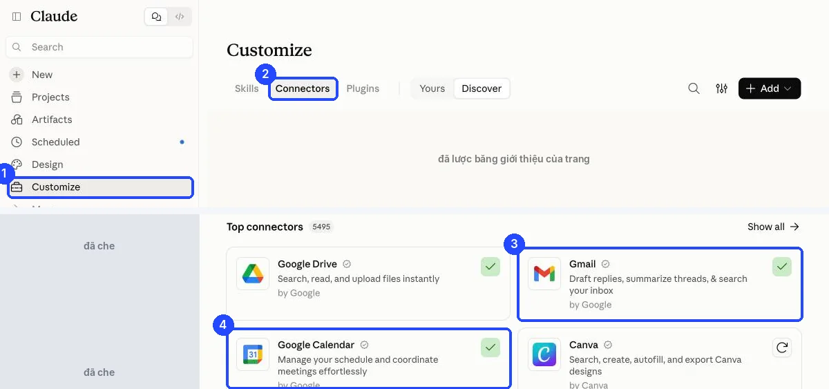 Trang Customize của Claude, thẻ Connectors đang mở, Gmail và Google Calendar có dấu đã kết nối