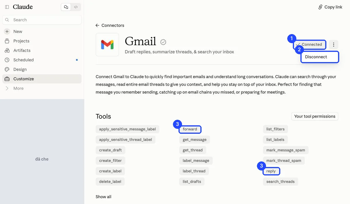 Trang chi tiết Gmail trong Claude: nút Connected, menu ba chấm có Disconnect, danh sách công cụ có forward và reply