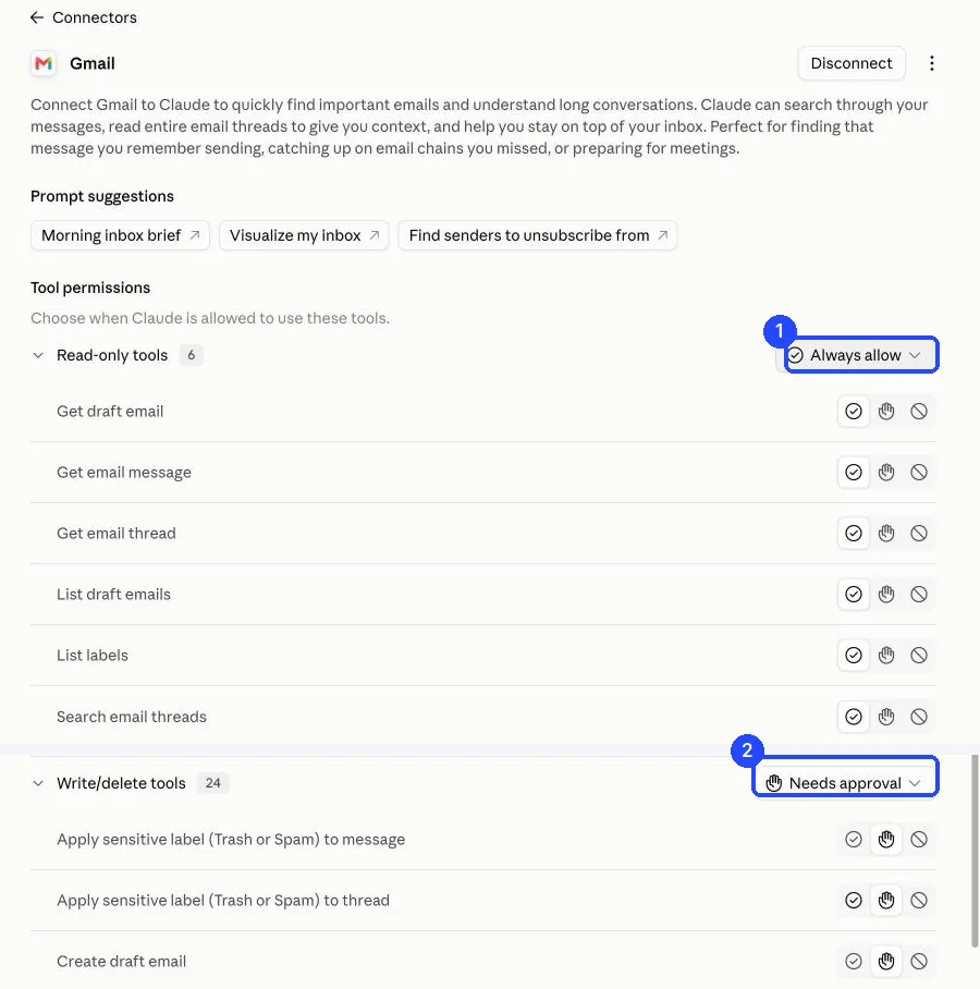 Bảng quyền công cụ Gmail trong Claude: nhóm Read-only tools đặt Always allow, nhóm Write/delete tools đặt Needs approval