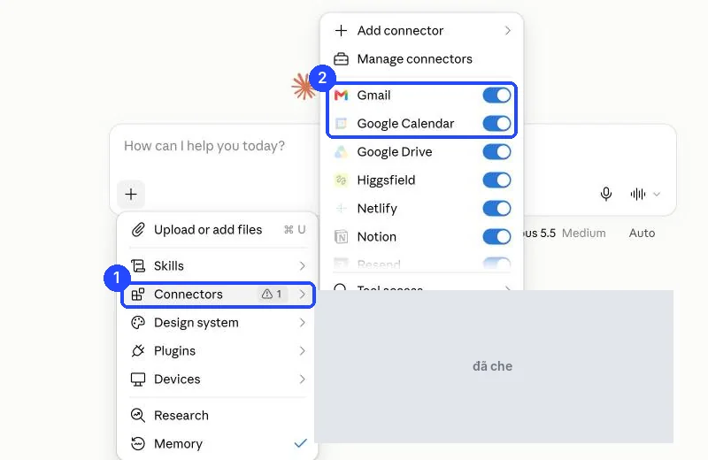 Menu dấu cộng trong khung chat Claude, mục Connectors mở danh sách công tắc, Gmail và Google Calendar đang bật
