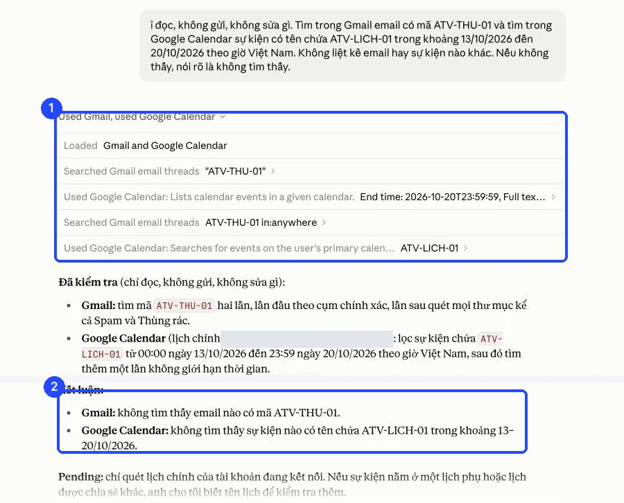 Kết quả thật trong Claude: dòng Used Gmail, used Google Calendar mở ra các lượt tìm ATV-THU-01 và ATV-LICH-01, kết luận không tìm thấy