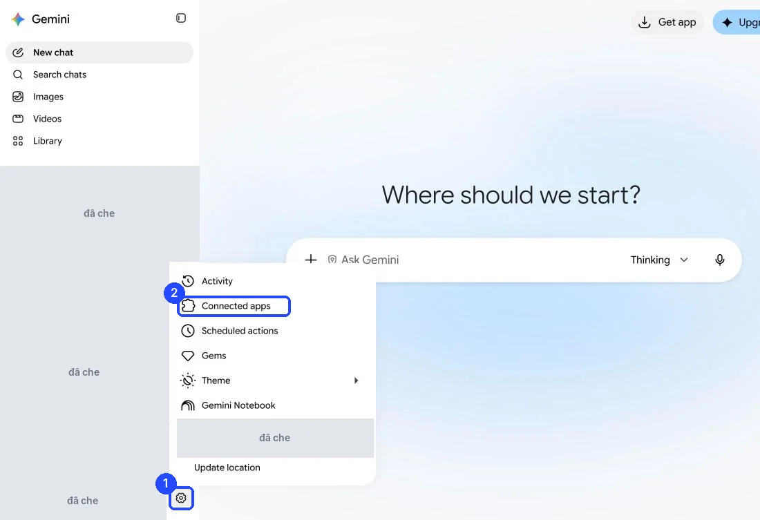 Menu cài đặt của Gemini trên web: bánh răng ở góc dưới thanh bên, mục Connected apps