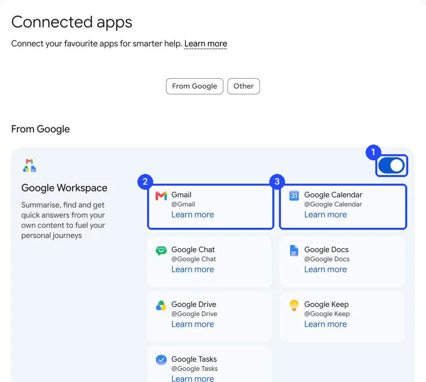 Trang Connected apps của Gemini: thẻ Google Workspace với công tắc đang bật, bên trong có Gmail và Google Calendar