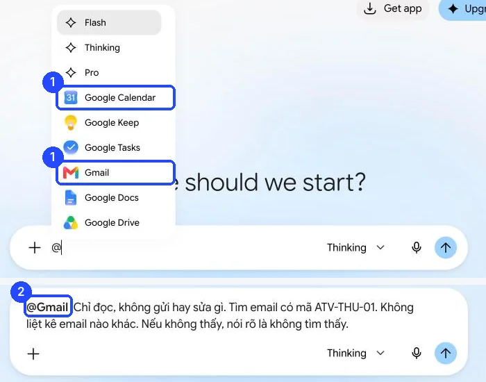 Danh sách hiện ra khi gõ @ trong Gemini, có Google Calendar và Gmail; ô nhập có chữ @Gmail ở đầu câu hỏi