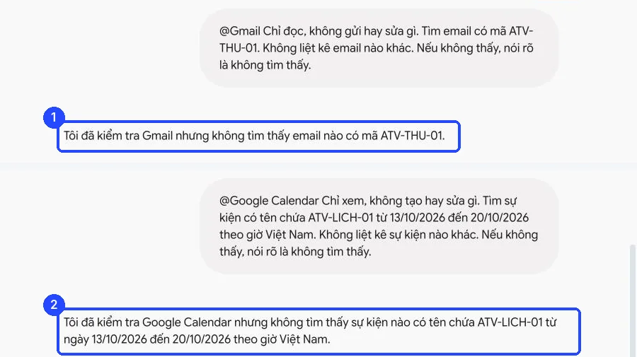 Kết quả thật trong Gemini: với @Gmail, Gemini báo không tìm thấy email có mã ATV-THU-01; với @Google Calendar, báo không tìm thấy sự kiện ATV-LICH-01