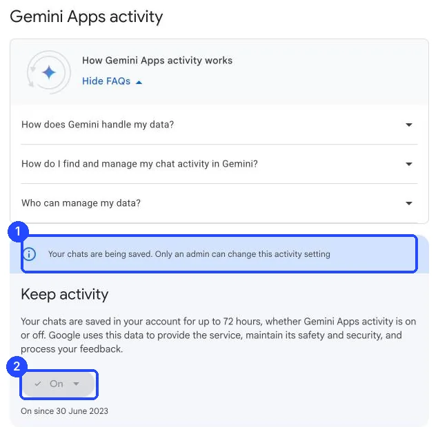 Trang Gemini Apps activity: thông báo chỉ quản trị đổi được cài đặt, mục Keep activity đang On