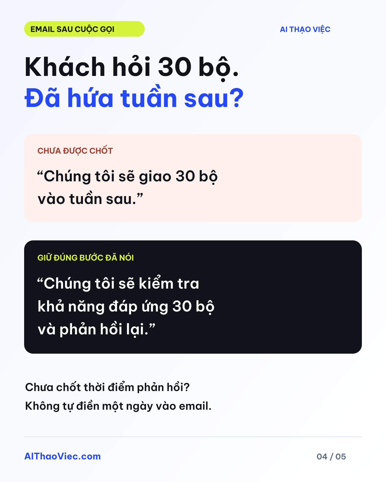 Khách hỏi 30 bộ tuần sau, người bán mới hứa kiểm tra kho: email cần nêu bước kiểm tra và phản hồi, chưa chốt ngày giao.
